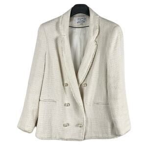 HELENE DENIM WARDROBE Jacket Blazer 10 White Big-Pearl-Button Frey-Hem Pocket